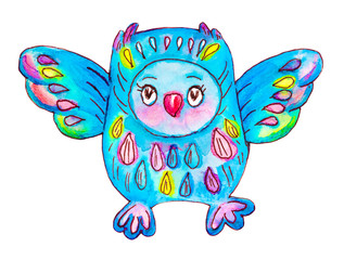 Blue owlet. Watercolor hand drawn kids illustration. Doodle style.  Isolated objects on a white background. Perfect for textile, cover design.