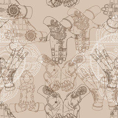 Obraz premium Seamless background with silhouettes of chakras and mudras