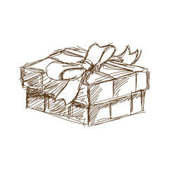 giff box with bow at black and white engraving style. vector illustration