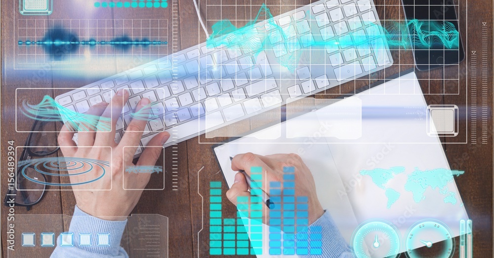 Poster digital composite image of hands using keyboard