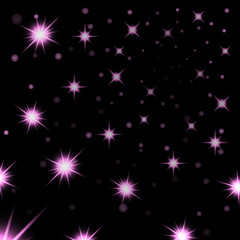 Pink stars black night sky background. Abstract bokeh glowing space design. Starry milky way. Galaxy golden starlight shine sparkle. Purple shiny fantasy glow in dark Vector illustration