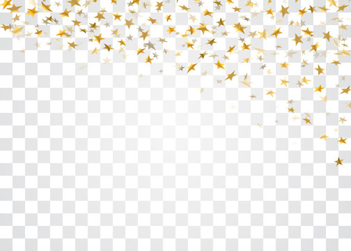 Gold stars falling confetti isolated on white transparent background. Golden abstract pattern Christmas card, New Year holiday. Confetti paper stars. Glitter explosion Vector illustration