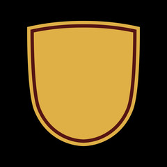 Obraz premium Shield shape gold icon. Simple silhouette flat logo on black background. Symbol of security, protection, safety, strong. Element for secure protect design emblem decoration. Vector illustration