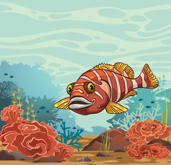 Fototapeta premium Funny cartoon fish and coral reef. Underwater illustration.