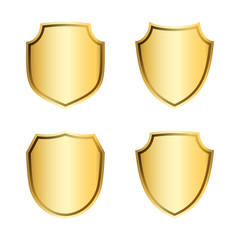 Gold shield shape icons set. 3D golden emblem signs isolated on white background. Symbol of security, power, protection. Badge shape shield graphic design Vector illustration