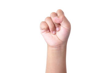 Child's hand making a symbol of victory, isolated on a white background