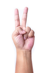 Man's hand making victory sign, isolated on a white background