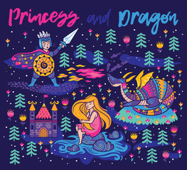 Fototapeta na wymiar Princess and Dragon art. Magic fantasy print