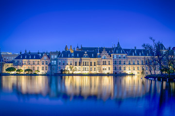 Fototapeta na wymiar Binnenhof Palace of Parliament inThe Hague in The Netherlands Shot During Blue Hour Time.