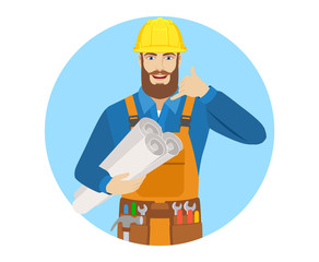 Call me! Worker holding the project plans and showing a call me sign