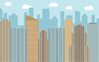 Fototapeta premium Vector urban landscape illustration. Street view with cityscape, skyscrapers and modern buildings at sunny day. City space in flat style background concept. 