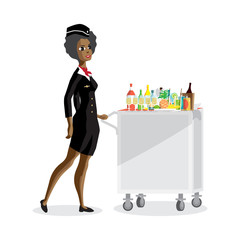 Flight afro attendant serving drinks to passengers on board of t
