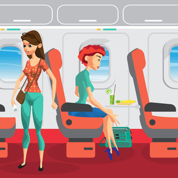Passengers on the plane during the flight. Women are traveling. 
