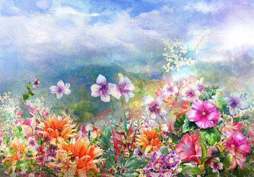 Abstract colorful flowers watercolor painting. Spring multicolored in .nature