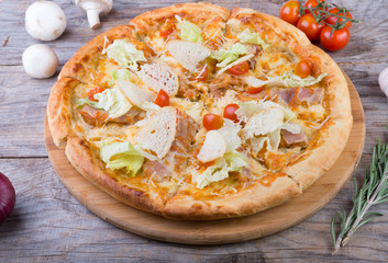 Chicken pizza on a white