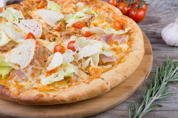 Chicken pizza on a white