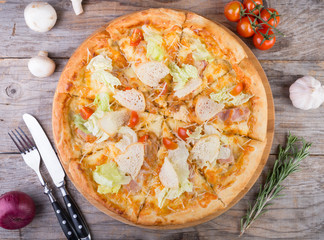 Chicken pizza on a white