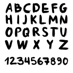 Hand drawn alphabet made with brush. Isolated letters and numbers on a white background. Vector illustration.