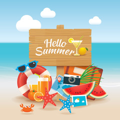 Naklejka premium hello summer time travel season banner design and colorful beach elements in background.