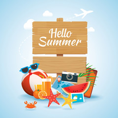hello summer time travel season banner design and colorful beach elements in background. © kaisorn