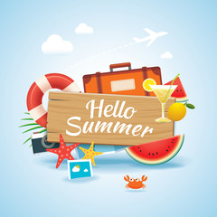hello summer time travel season banner design and colorful beach elements in background.