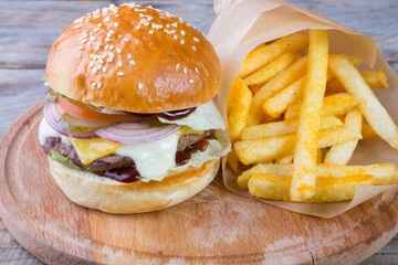Hamburger with french fries