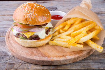Hamburger with french fries