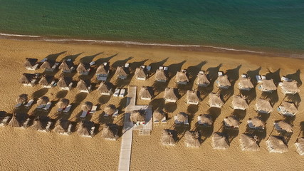 Aerial drone photo of Milopotas beach of Ios island, Cyclades, Greece