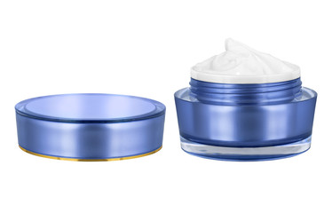 Luxury cosmetic face moisturizing smudged white cream for aged skin in open glossy blue can with matching lid, isolated on white background, clipping path included