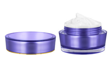 Luxury cosmetic face moisturizing smudged white cream for aged skin in open glossy blue can with matching lid, isolated on white background, clipping path included