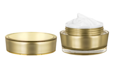 Luxury cosmetic face moisturizing smudged white cream for aged skin in open glossy golden can with matching lid, isolated on white background, clipping path included