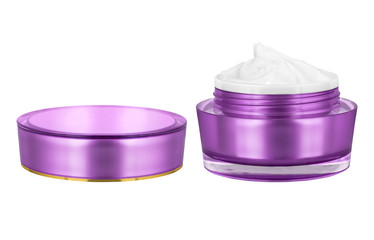 Luxury cosmetic face moisturizing smudged white cream for aged skin in open glossy purple can with matching lid, isolated on white background, clipping path included