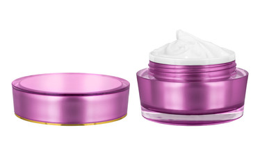 Luxury cosmetic face moisturizing smudged white cream for aged skin in open glossy pink can with matching lid, isolated on white background, clipping path included