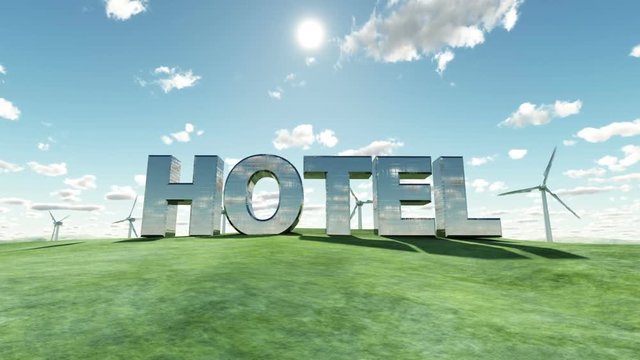 hotel sign in summer landscape, time lapse