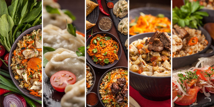 Traditional oriental, Uzbek cuisine, salad, chuchvara, pilaf, manti and samsa, a set of dishes made in one set