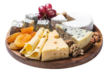 Assorted cheese with grapes and nuts isolated on white background