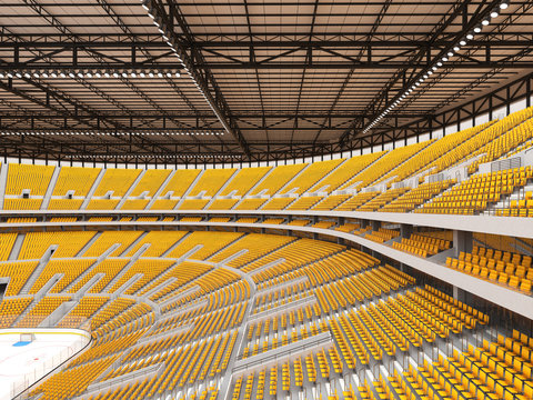 Beautiful sports arena for ice hockey with yellow seats  VIP boxes and floodlights for fifty thousand fans - 3D render