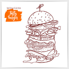 Vector illustration of hand drawn big tasty burger.