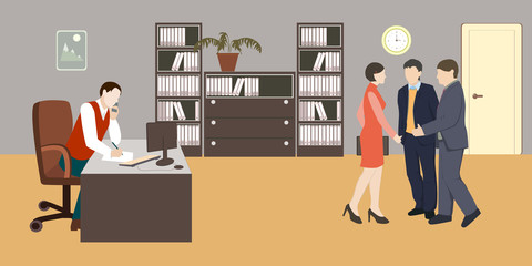 People in room. Office life. Flat style vector illustration. Situation in office. Workplace. Meeting. Men and woman in room. Office interior.
