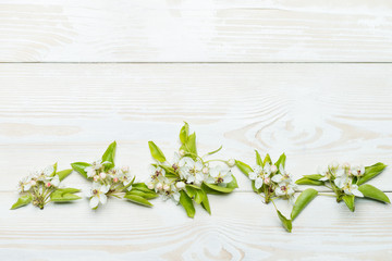 Spring flowers of apple pears on a wooden background