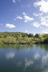 Fototapeta na wymiar Landscape with beautiful luxuriant nature, lake and blue sky with clouds at 