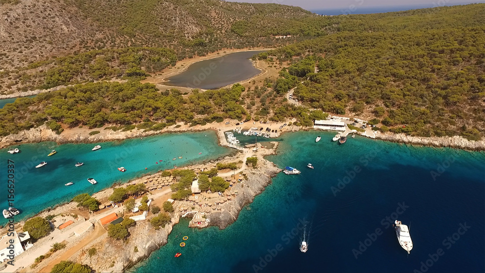 Sticker aerial drone photo of agistri island, aponissos with turquoise waters, saronic gulf, greece