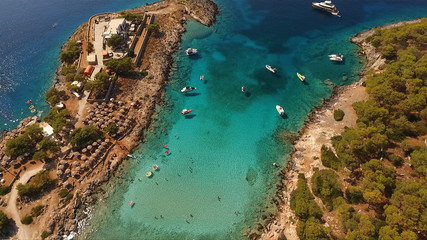 Naklejka na ściany i meble Aerial drone photo of Agistri island, Aponissos with turquoise waters, Saronic gulf, Greece