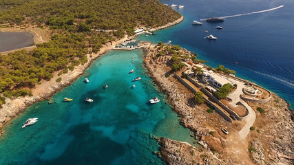 Aerial drone photo of Agistri island with clear waters, Saronic gulf, Greece