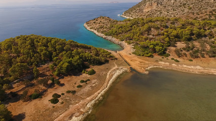 Aerial drone photo of Agistri island with clear waters, Saronic gulf, Greece