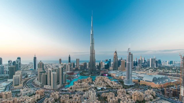 Dubai Downtown day to night timelapse view from the top in Dubai, United Arab Emirates
