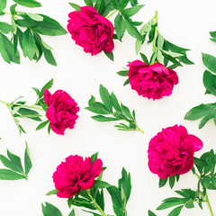 Floral pattern made of peony and leaves on white background. Flat lay, top view. Pattern made of flowers