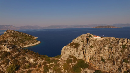 Aerial drone photo of Agistri island with clear waters, Saronic gulf, Greece
