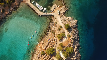 Aerial drone photo of Agistri island with clear waters, Saronic gulf, Greece