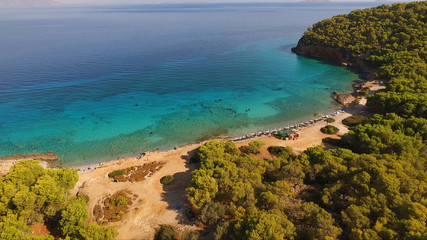 Fototapeta na wymiar Aerial drone photo of Agistri island with clear waters, Saronic gulf, Greece